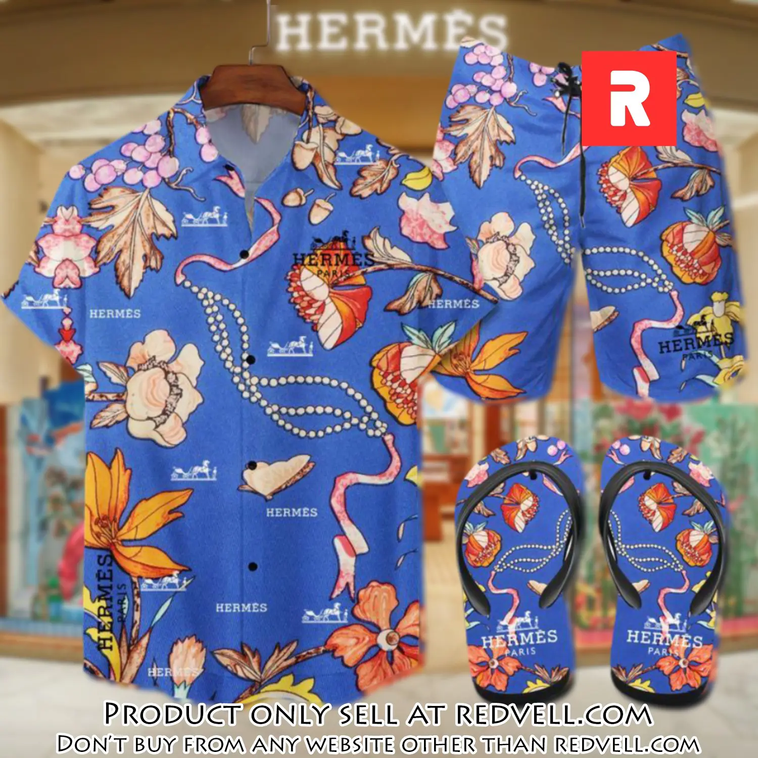 Hermes flip flops and combo hawaii shirt shorts luxury brand summer outfit hsf083 rv4924113